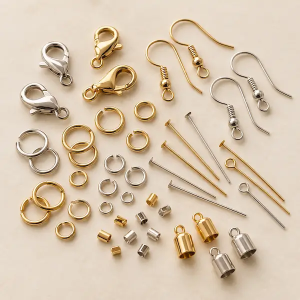 apprêts dorés et argentés pour bijoux fermoirs, anneaux, crochets de boucles d’oreilles et tiges.