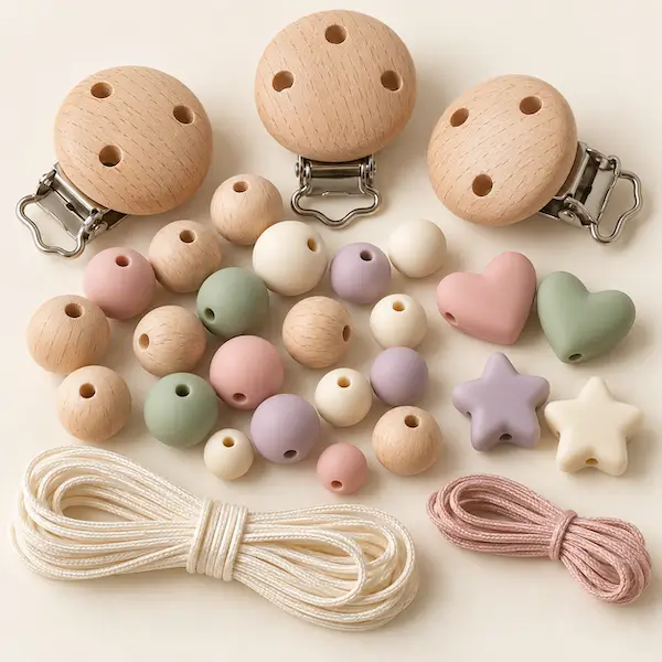 materiel attache tétine clips en bois perles en bois et en silicone et cordons pour fabriquer des (1)