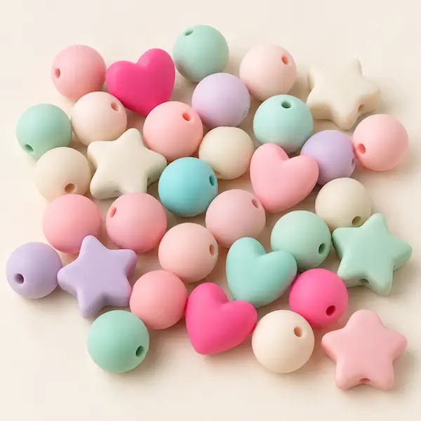perles en silicone multicolores rondes, en forme de cœurs et d’étoiles